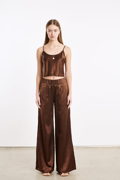 Dark Chocolate Silk Wide Leg Pintuck Pants