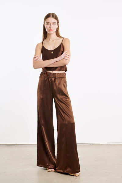 Dark Chocolate Silk Wide Leg Pintuck Pants