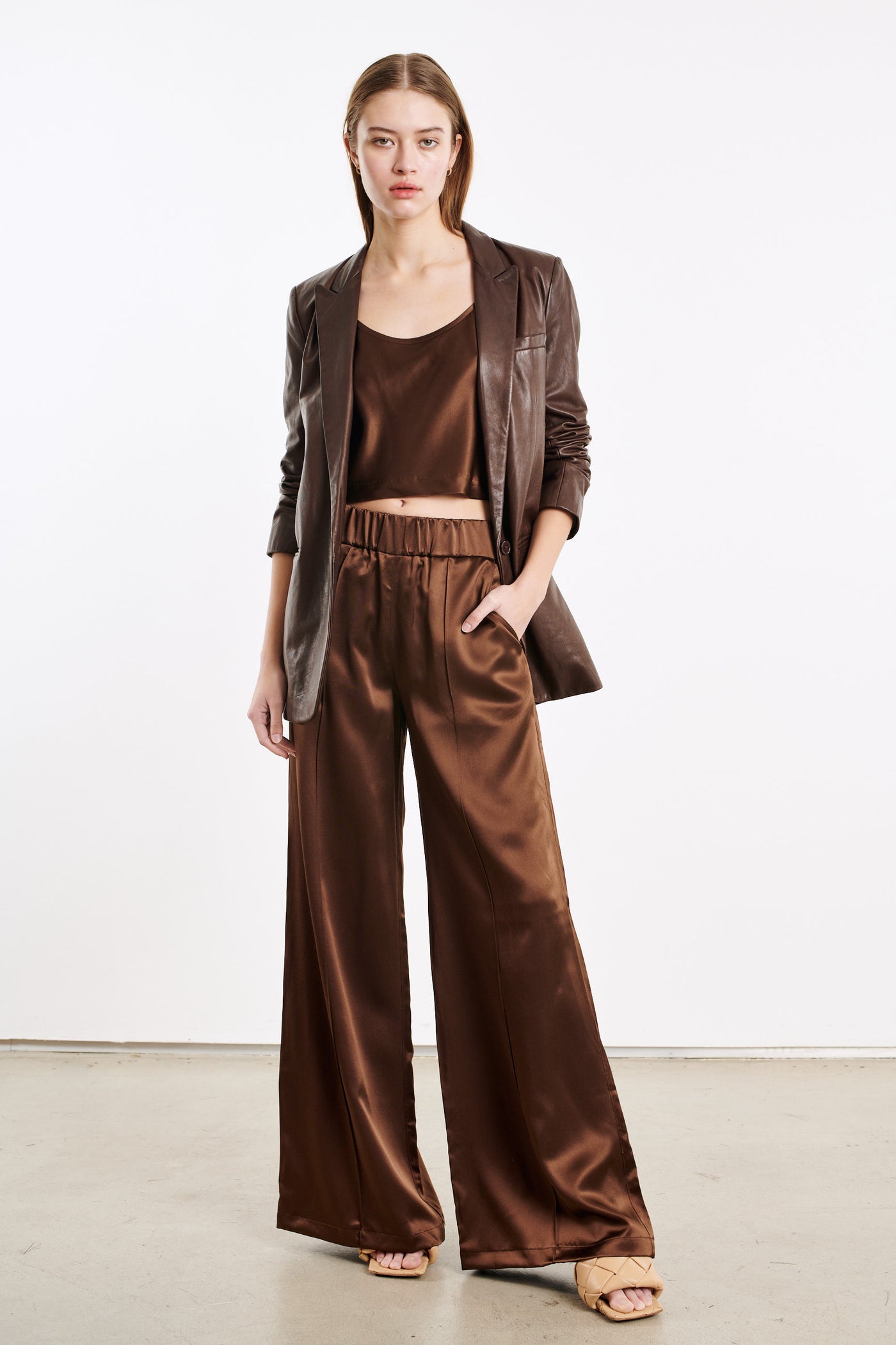 Dark Chocolate Silk Wide Leg Pintuck Pants
