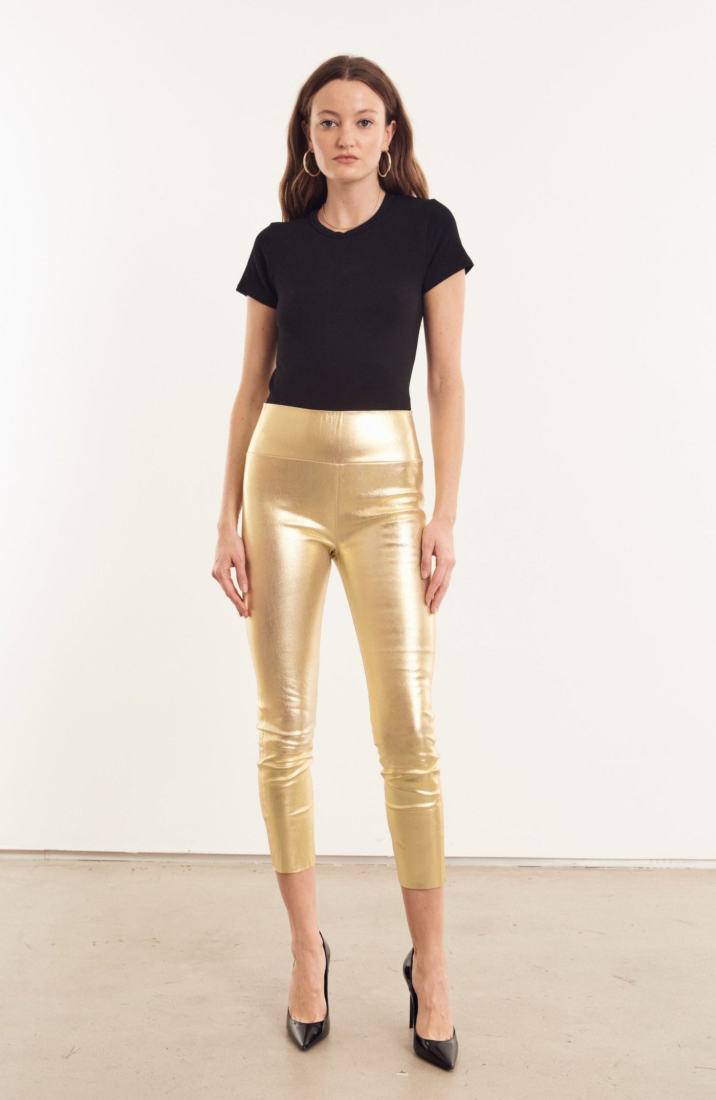 SPRWMN Capri Leather Leggings High Waist in Metallic Gold