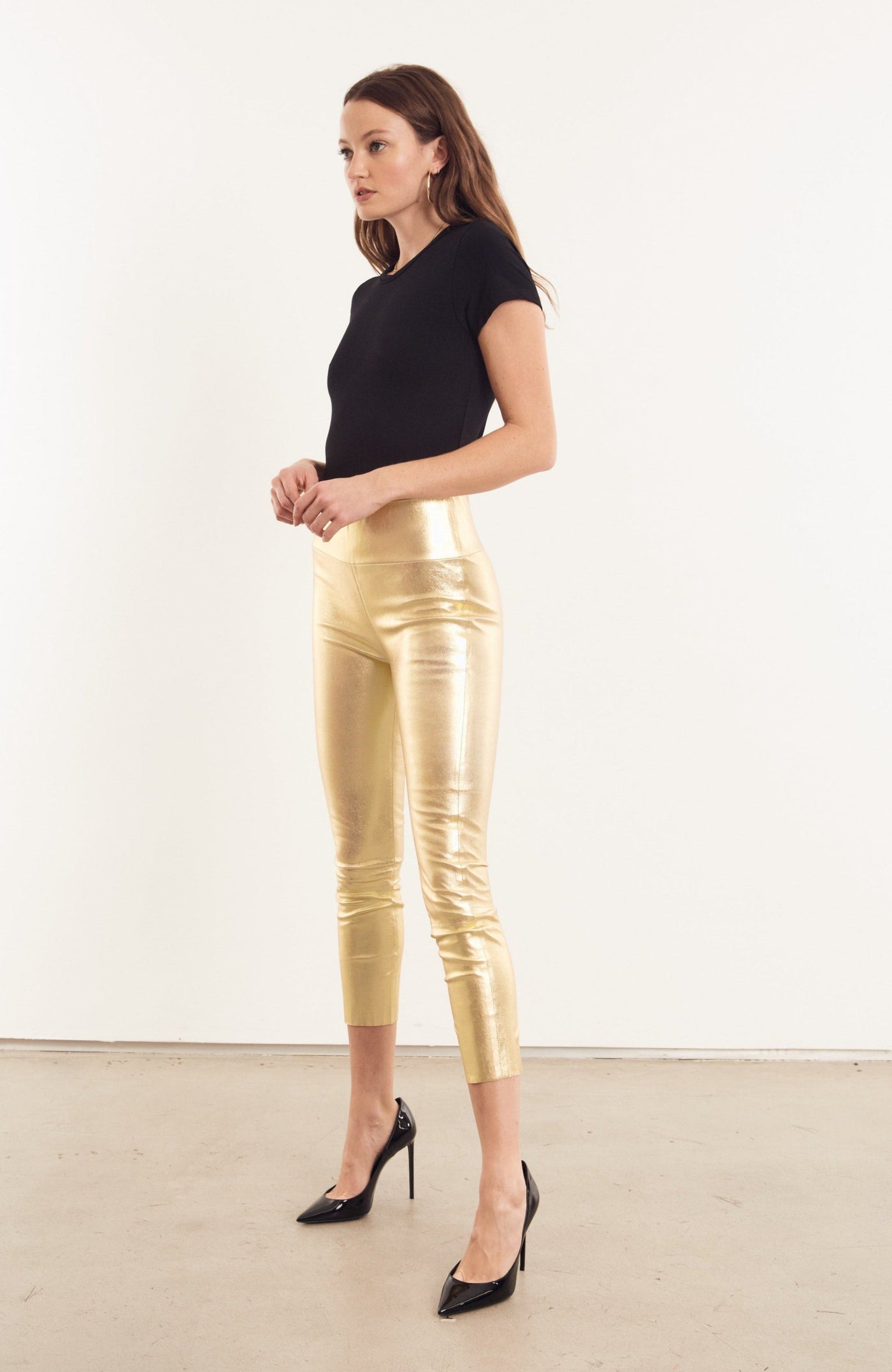 Metallic Gold Leather Crop Leggings