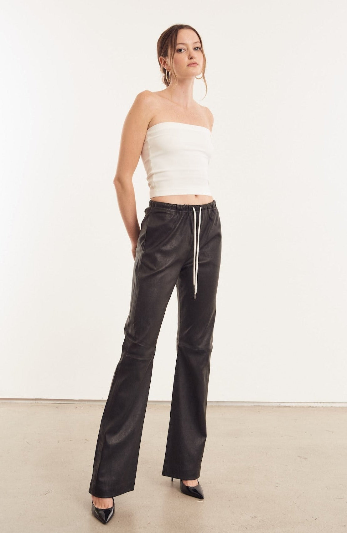 Black Leather Drawstring Straight Leg Pants