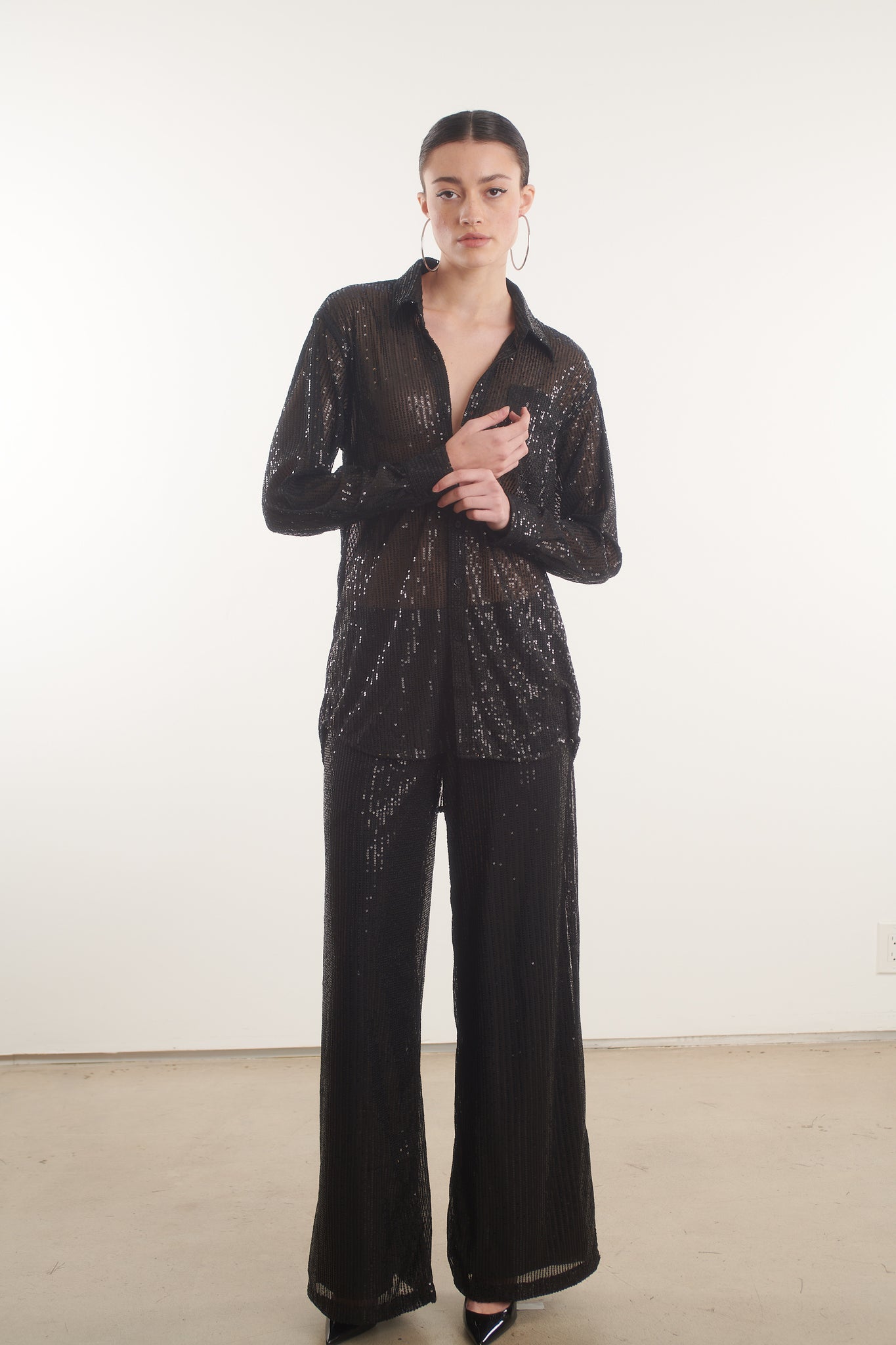 Black Sequin Wide Leg Pants