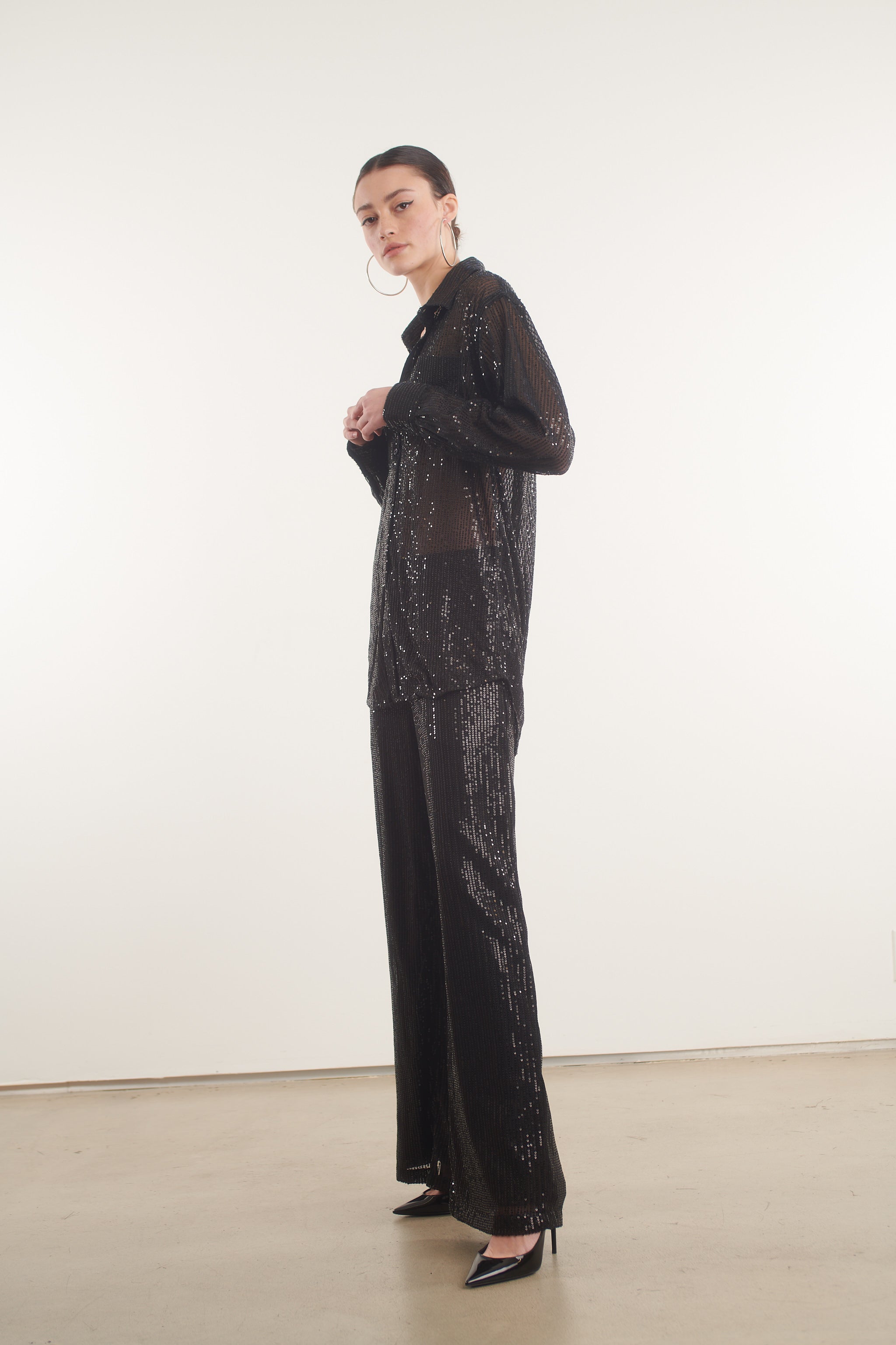 Black Sequin Wide Leg Pants