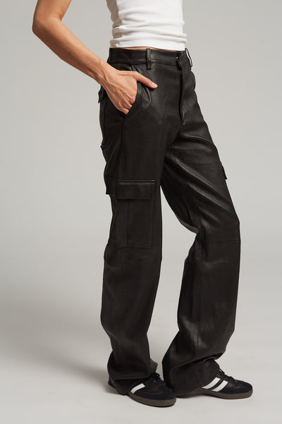 Black Leather Baggy Cargo Trousers