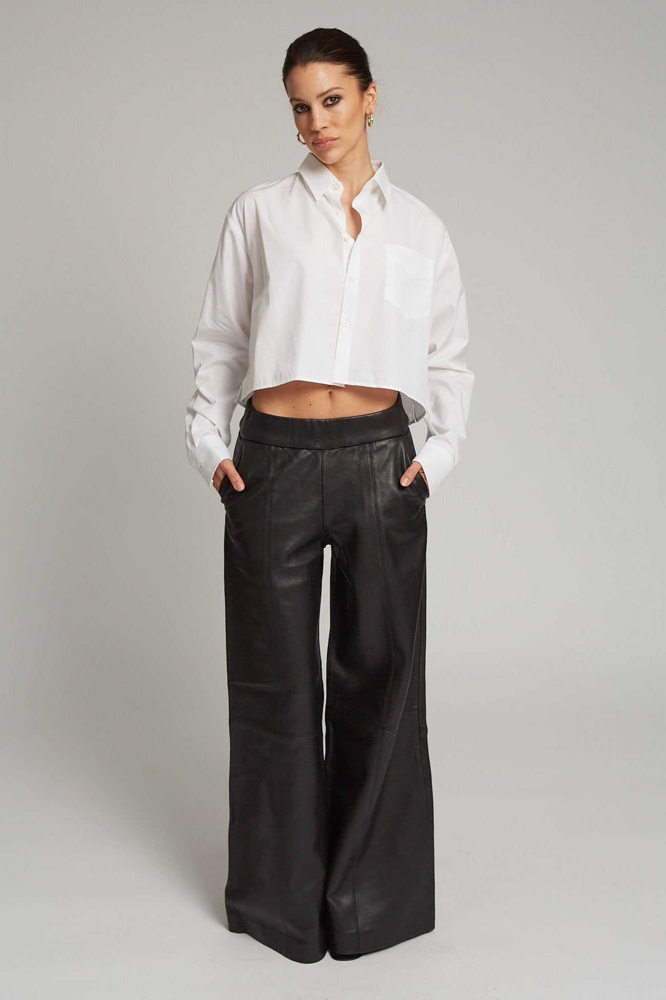 Black Leather Wide Leg Trousers