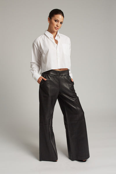 Black Leather Wide Leg Trousers