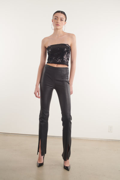 Black Leather Front Slit Micro Flare Pants