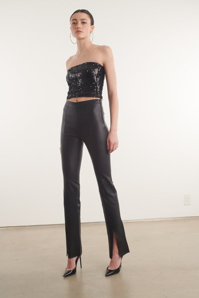 Black Leather Front Slit Micro Flare Pants