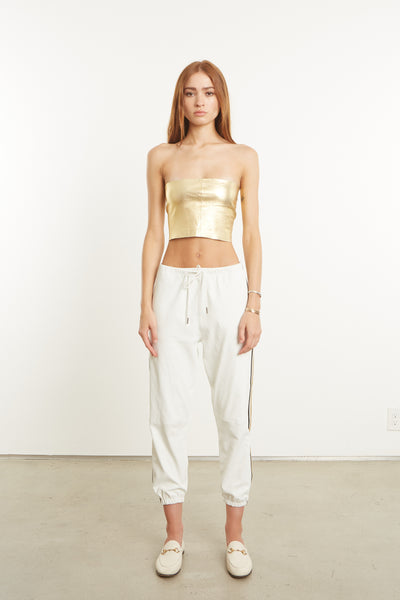 White Leather Drawstring Athletic Joggers