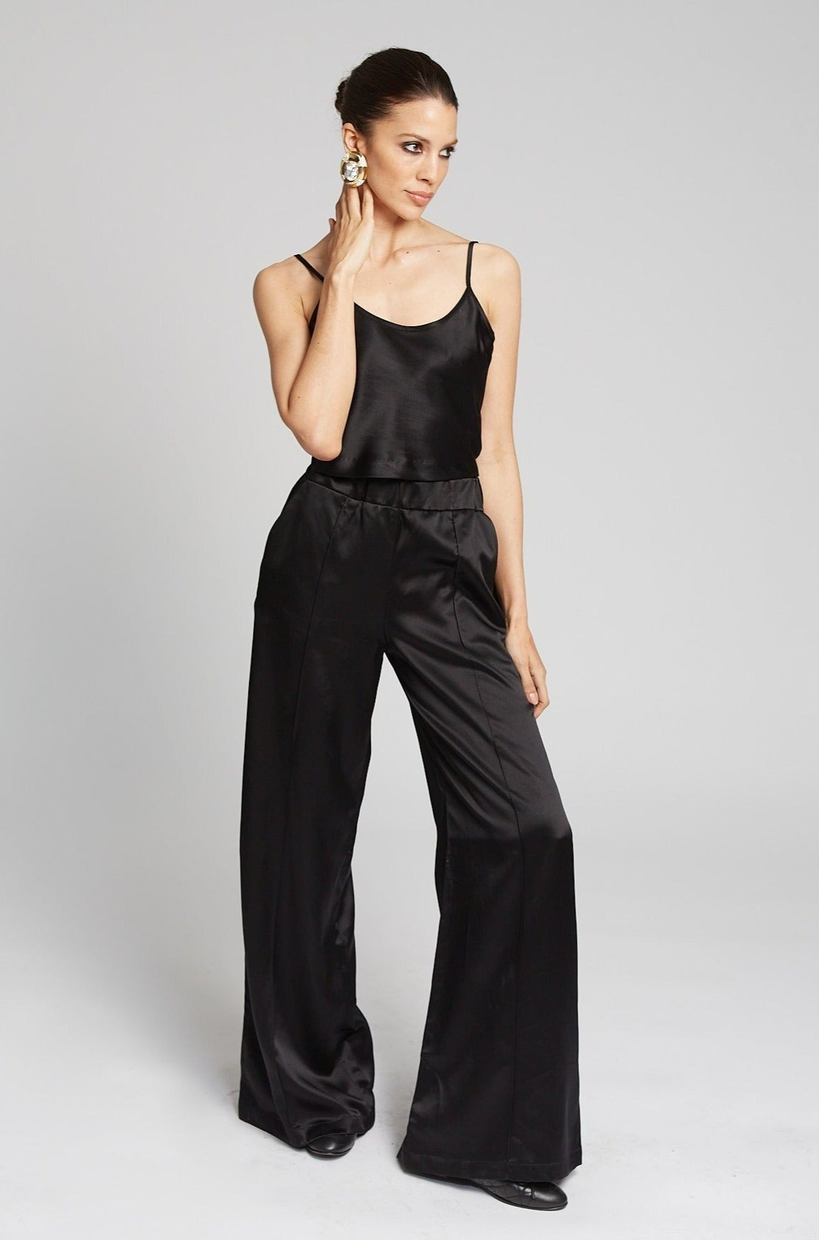 Black Satin Straight Leg Pants, Pants