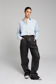 Black Leather Straight Leg Pleated Trousers