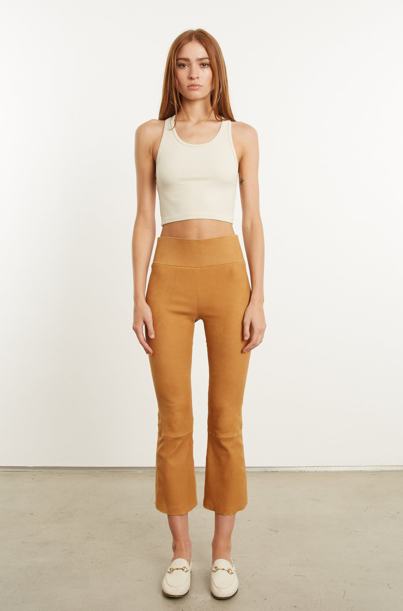 Camel Suede Crop Flare Leggings