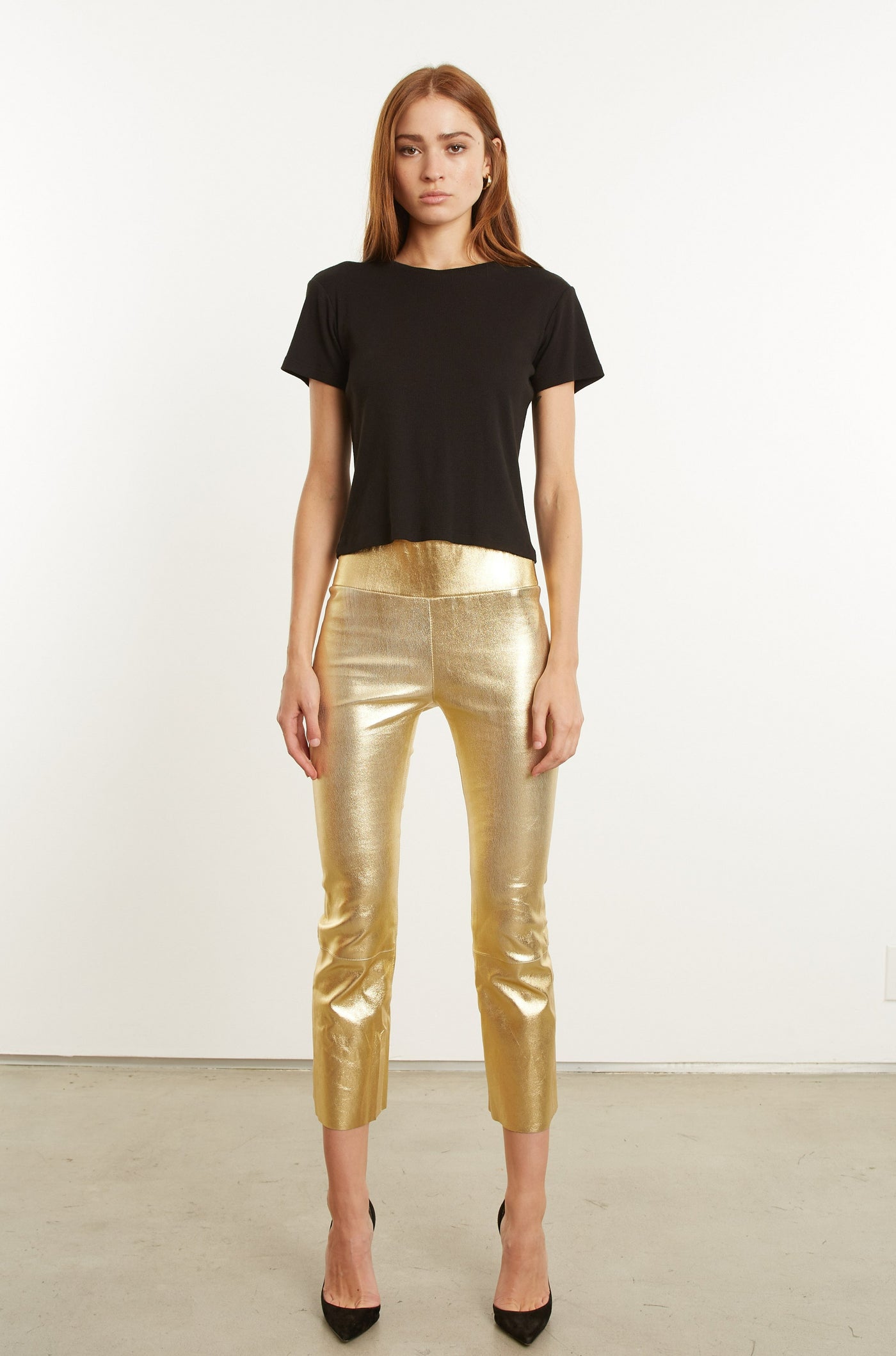 Metallic Gold Leather Crop Flare Leggings