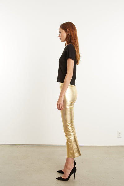 Metallic Gold Leather Crop Flare Leggings