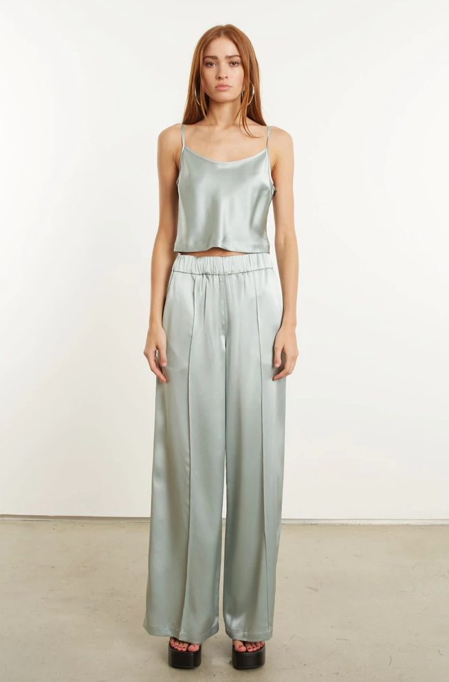 Sage Silk Wide Leg Pintuck Pants