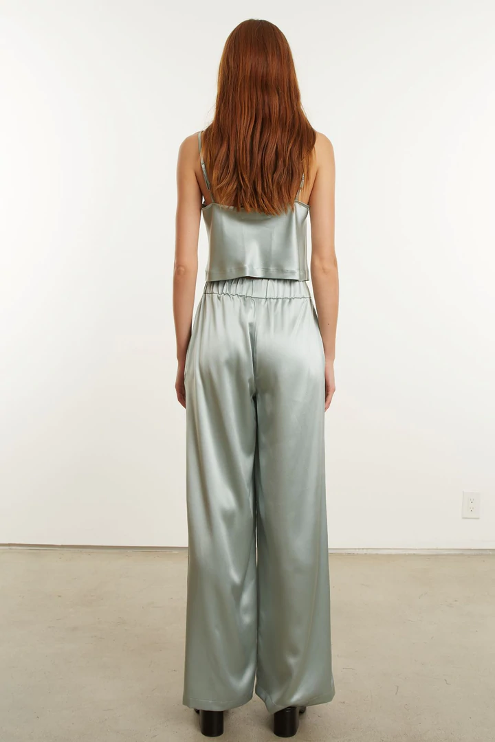 Sage Silk Wide Leg Pintuck Pants