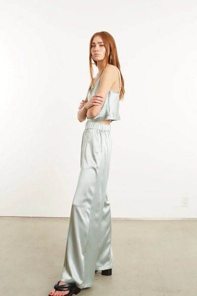 Sage Silk Wide Leg Pintuck Pants