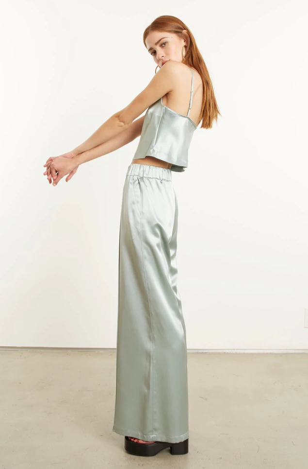 Sage Silk Wide Leg Pintuck Pants