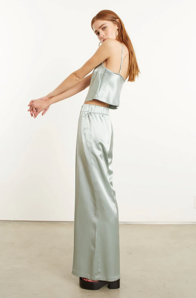 Sage Silk Wide Leg Pintuck Pants