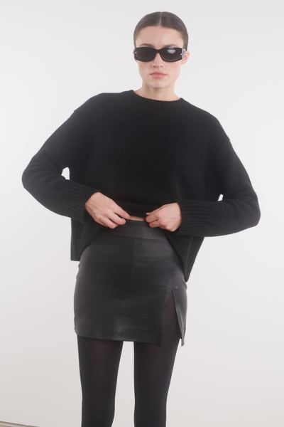 Black Leather Mini Skirt with Slit