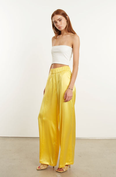 Yellow Silk Wide Leg Pintuck Pants