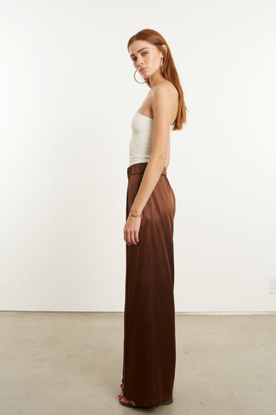 Dark Chocolate Silk Wide Leg Pintuck Pants