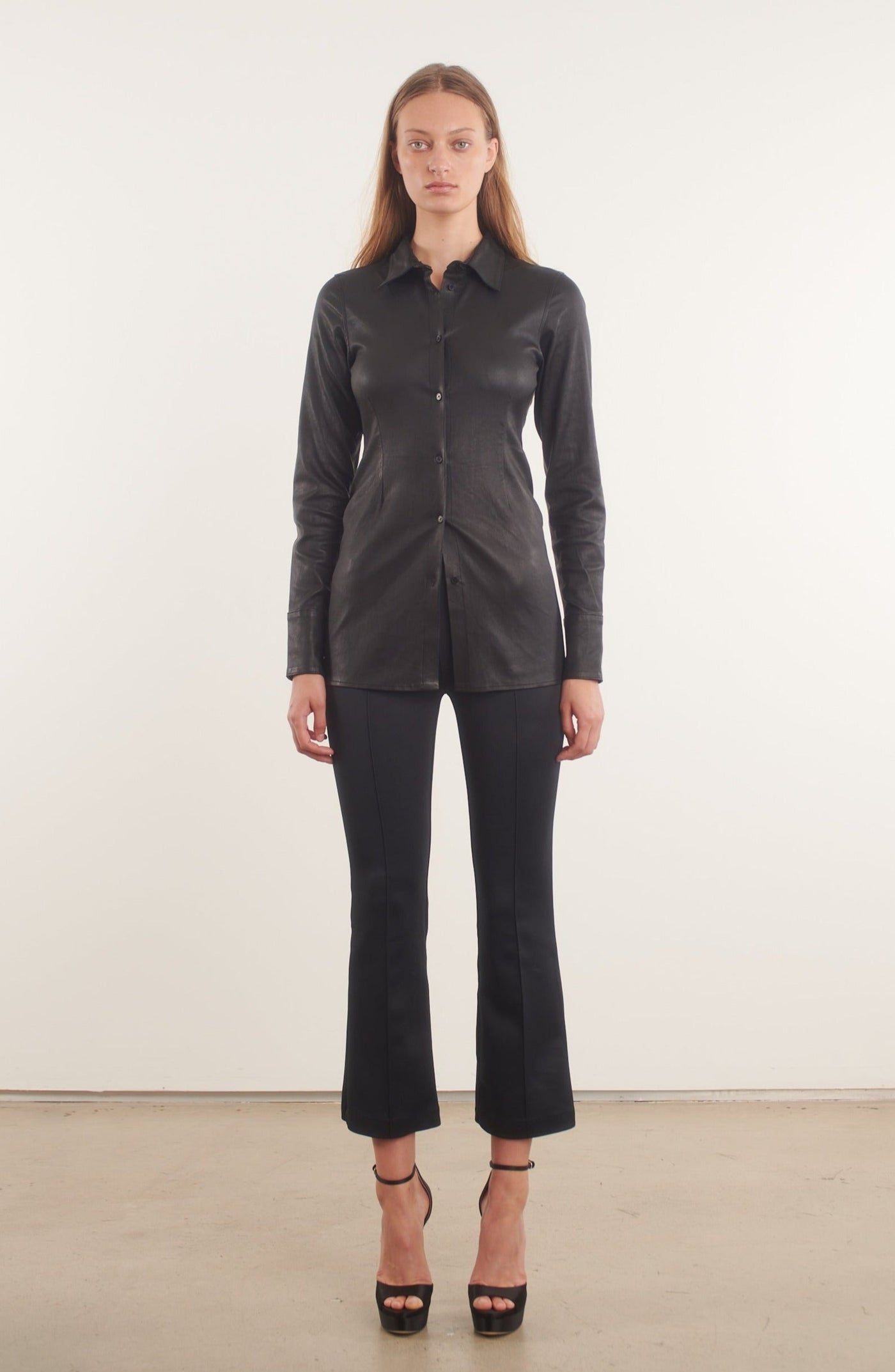 Black Leather Fitted Button Up Top