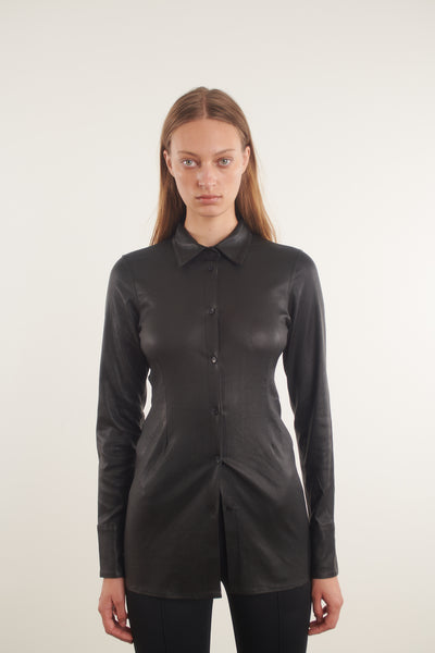 Black Leather Fitted Button Up Top