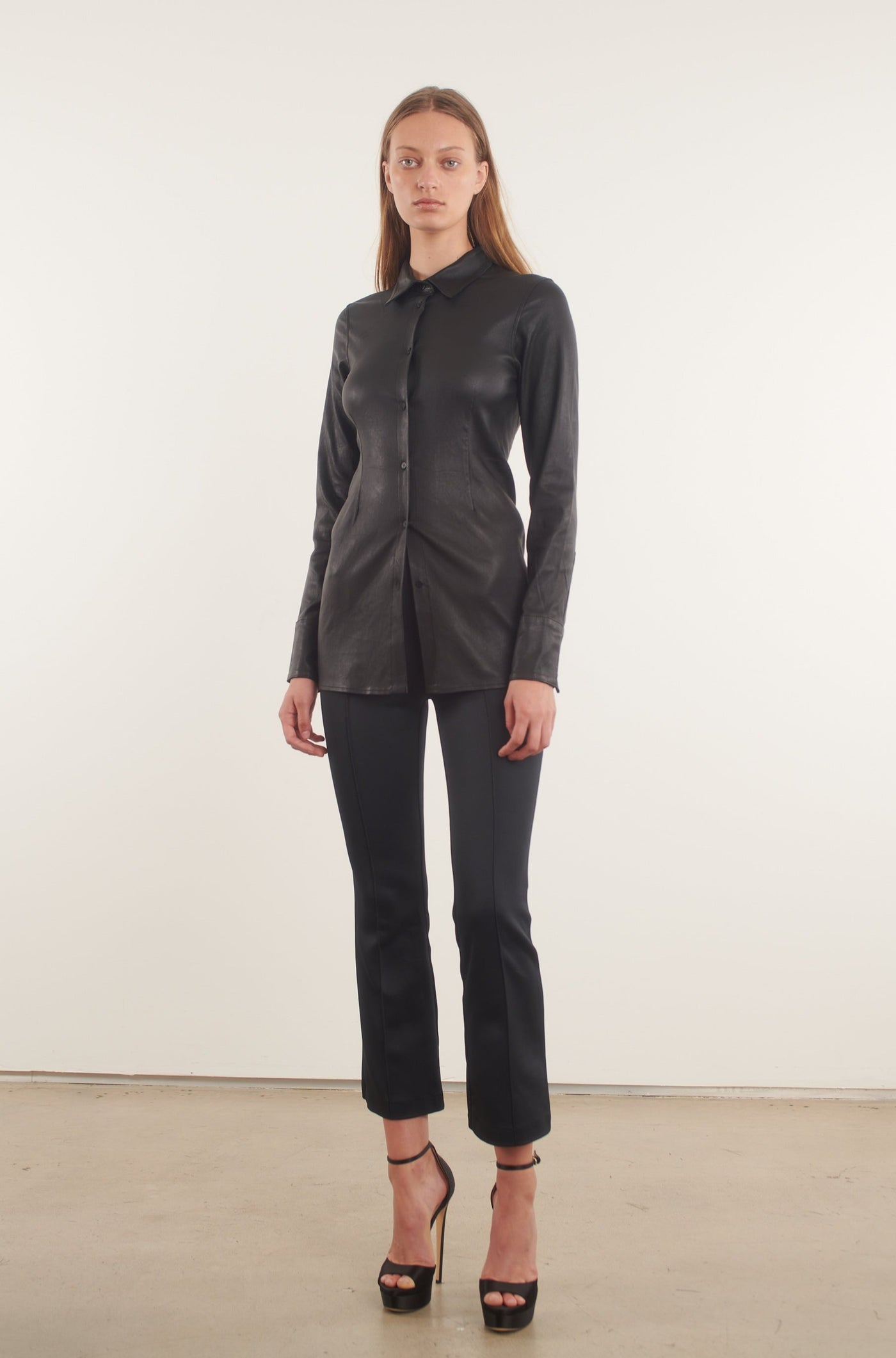 Black Leather Fitted Button Up Top