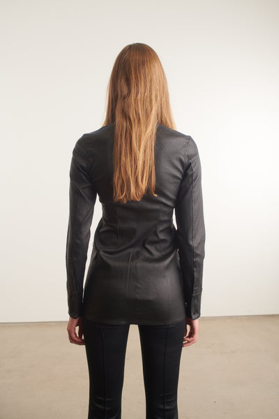 Black Leather Fitted Button Up Top