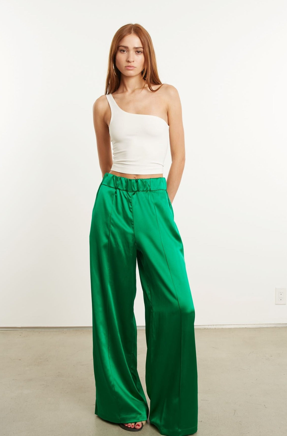 Green Silk Wide Leg Pintuck Pants