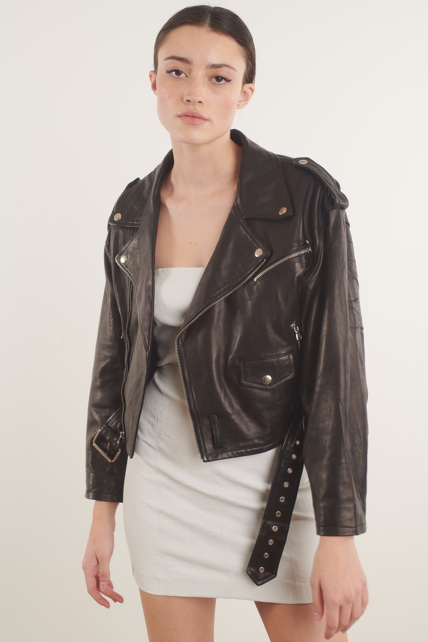 Black Leather Eyelet Lace-Up Moto Jacket
