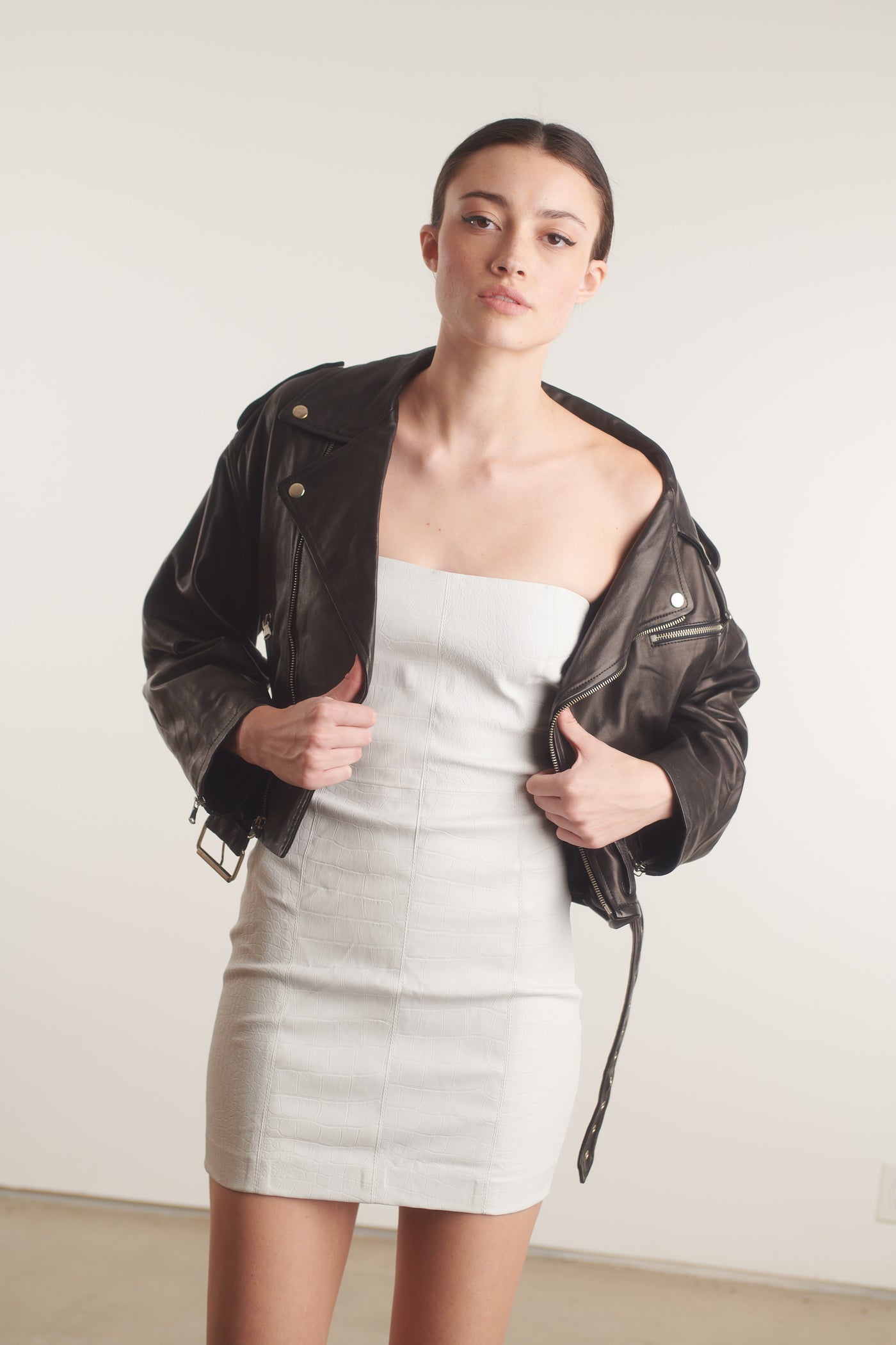 White Croc Embossed Leather Strapless Dress