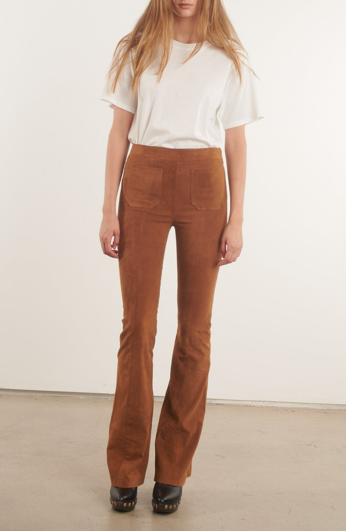 Cognac Suede Patch Pocket Super Flare Pants