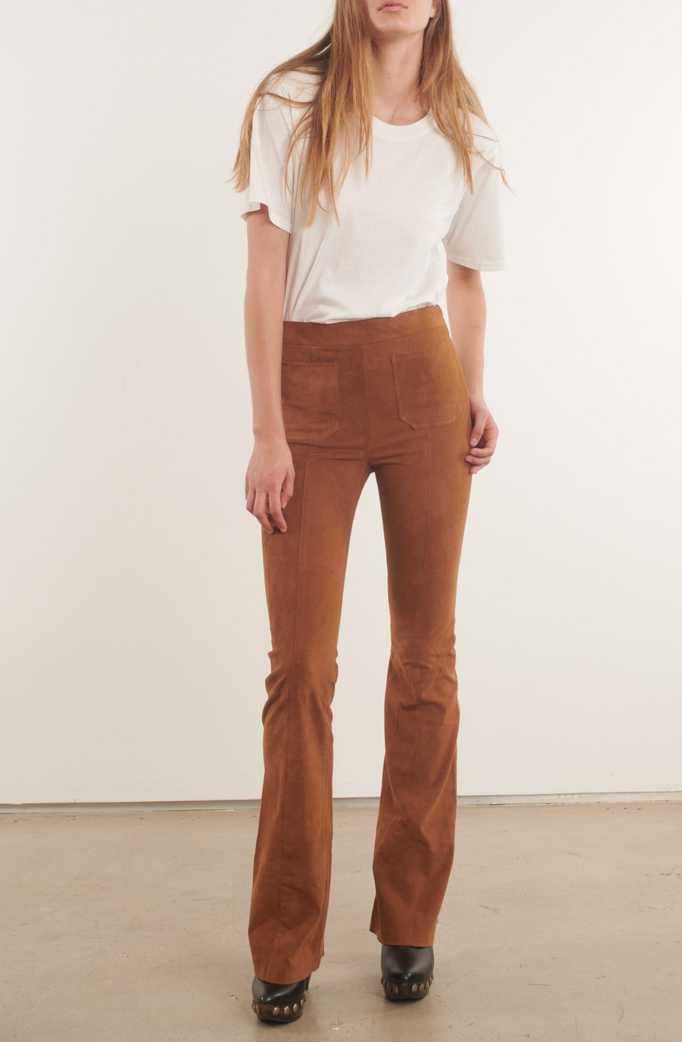 Cognac Suede Patch Pocket Super Flare Pants