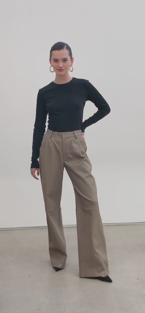 Mushroom Leather Straight Leg Pleated Trousers