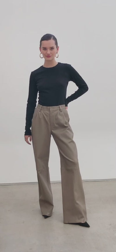 Mushroom Leather Straight Leg Pleated Trousers