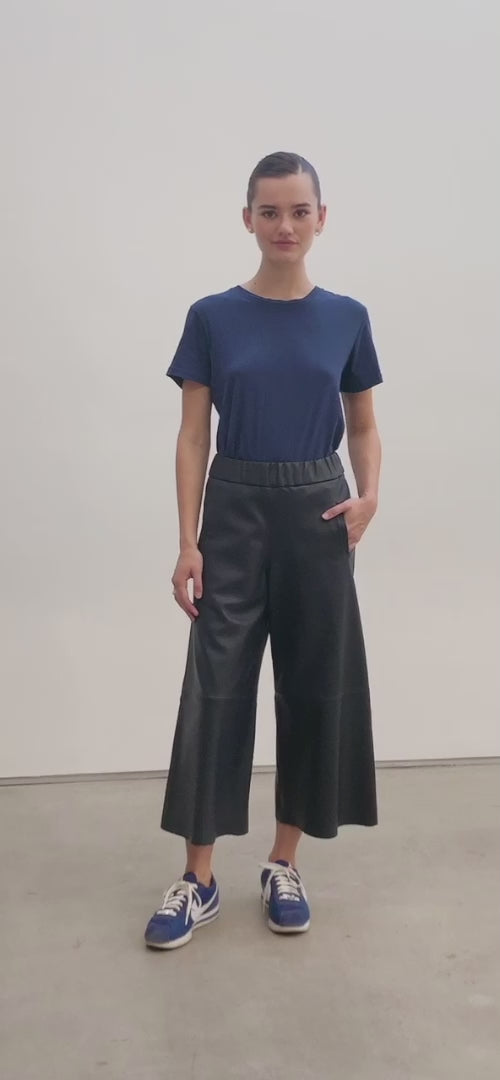 Navy Leather Culotte Pants