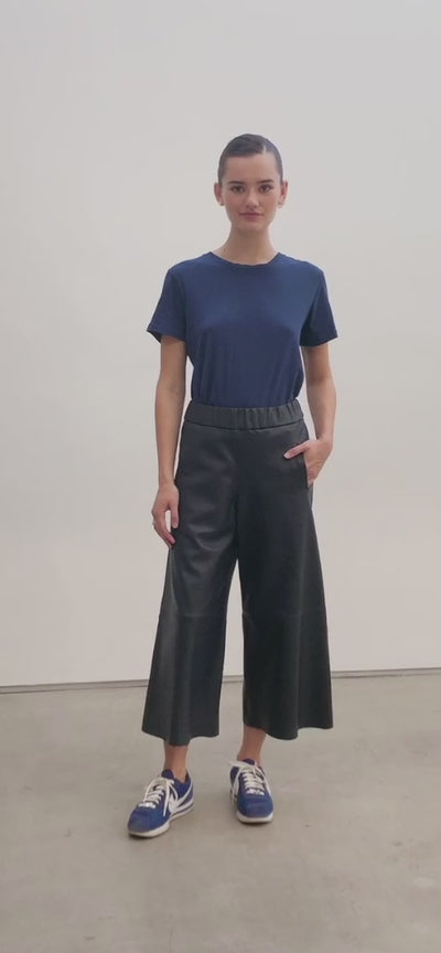 Navy Leather Culotte Pants