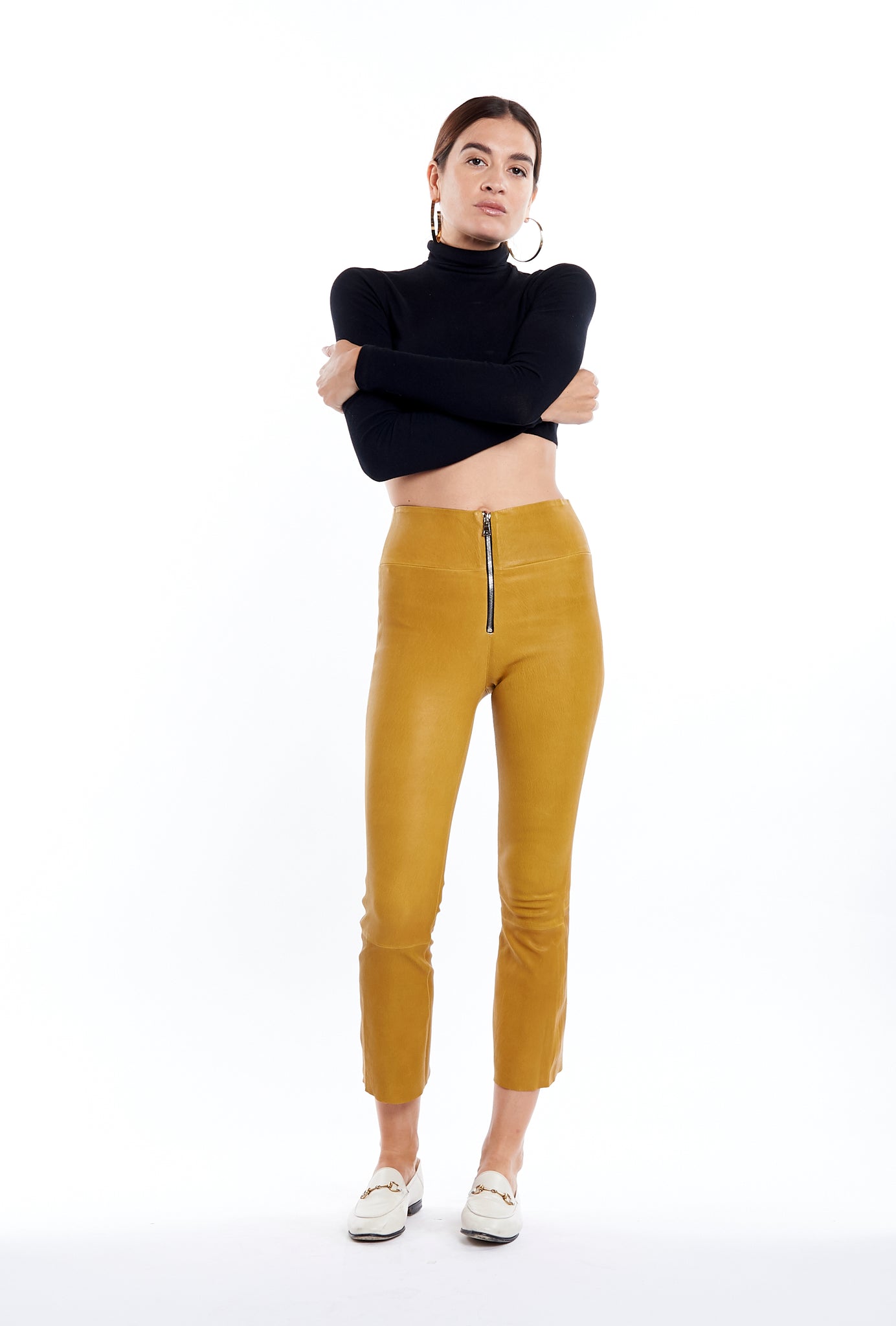 Saffron Leather Crop Flare Pants with Zipper